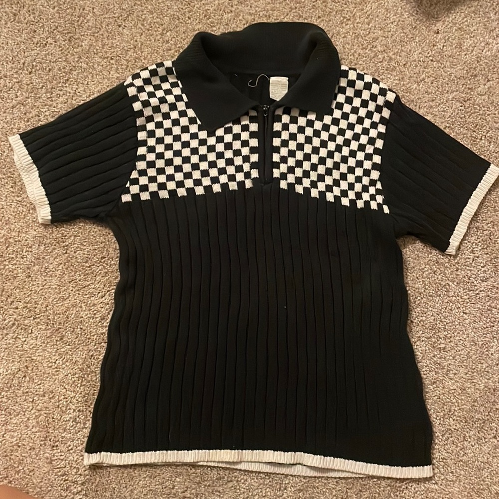 Vintage knitted black + white checker shirt sleeve sweater